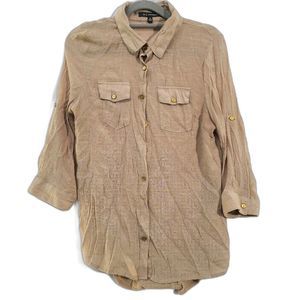 Icy Fashion Brown Button Down Quarter Length Sleeves Collared Blouse Womens M